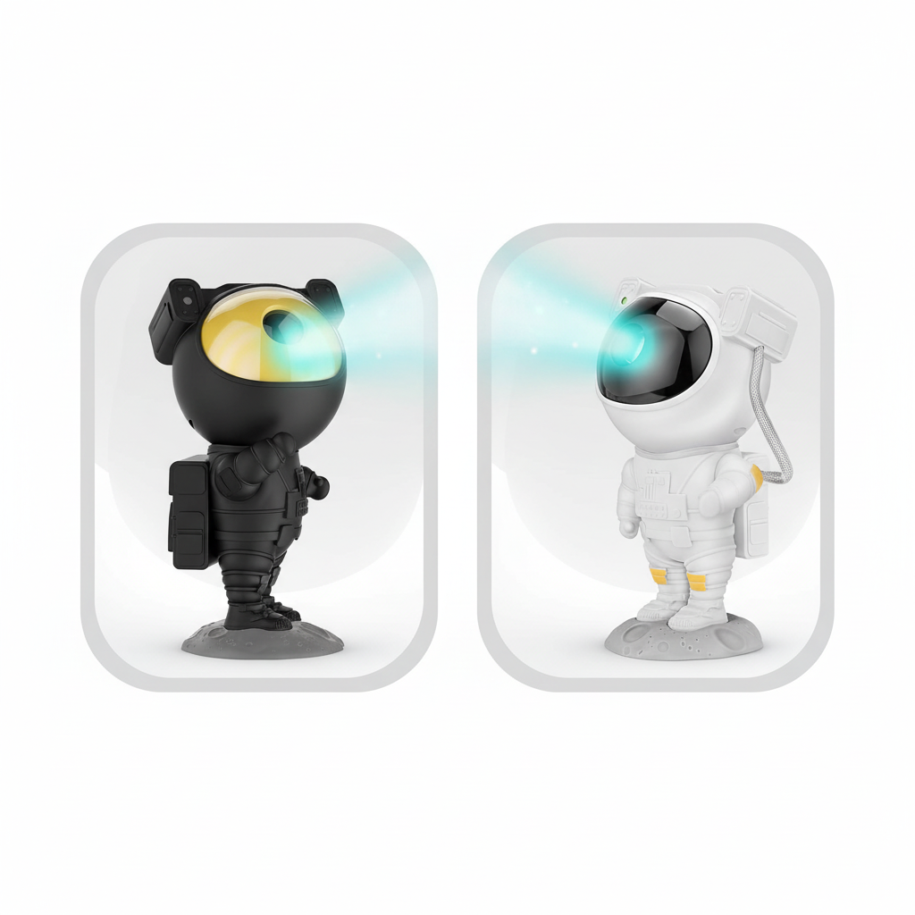 Proyectores astronauta negro y blanco en composición bento minimalista clara